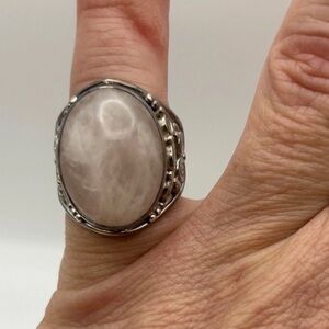 Sajen 925 Sterling Silver Rose Quartz Ring Large Oval Cabochon Adjustable Sz 5?